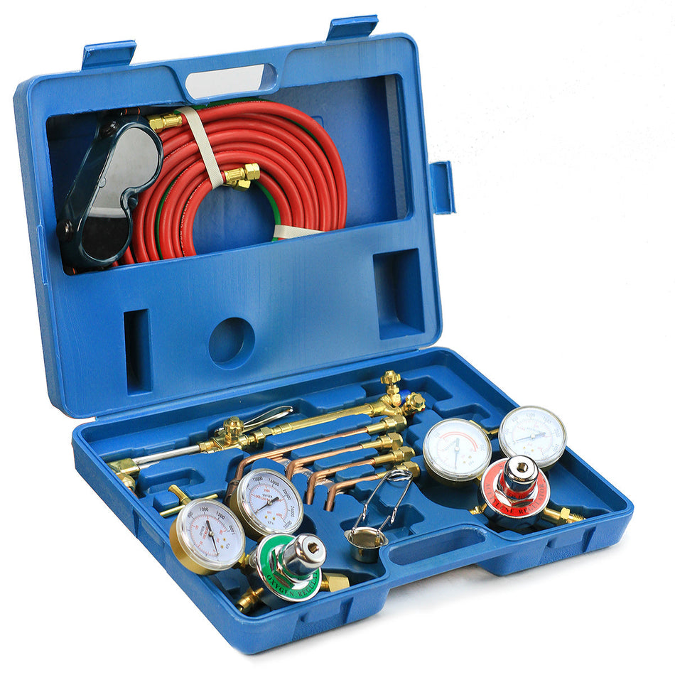Open blue tool case containing a automotive air conditioning repair kit with hoses and gauges on a white background.