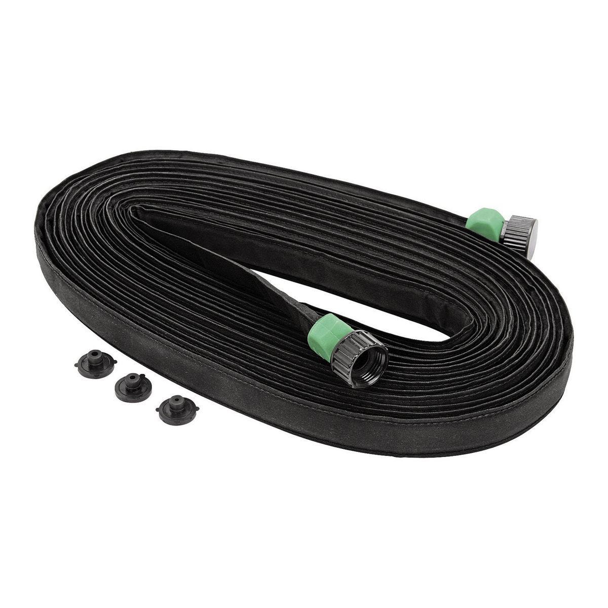 Black garden hose with connectors on a white background