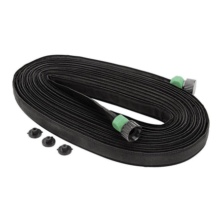 Black garden hose with connectors on a white background