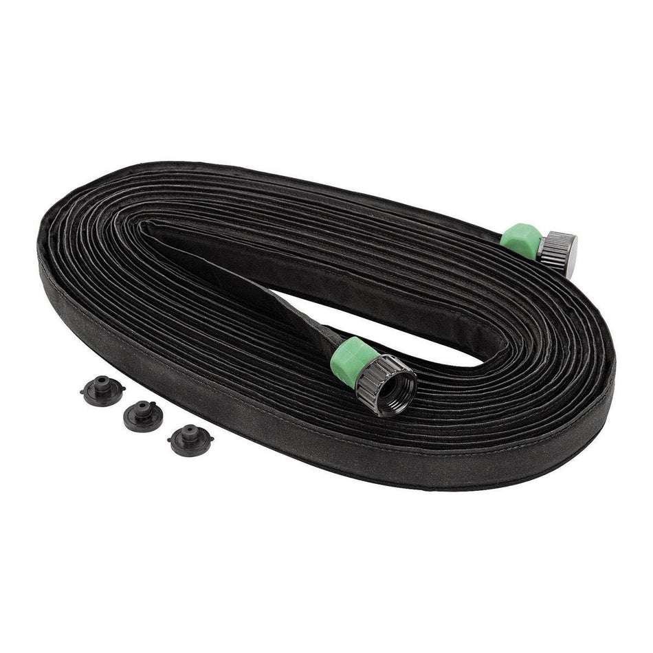 Black garden hose with connectors on a white background