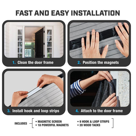Installation guide graphic with four panels showing how to mount magnetic screen doors: clean the door frame, position the magnets, install hook and loop strips, and attach to the door frame. Text at the bottom lists included items: magnetic screen, 18 powerful magnets, 9 hook & loop strips, and 20 wood tacks.