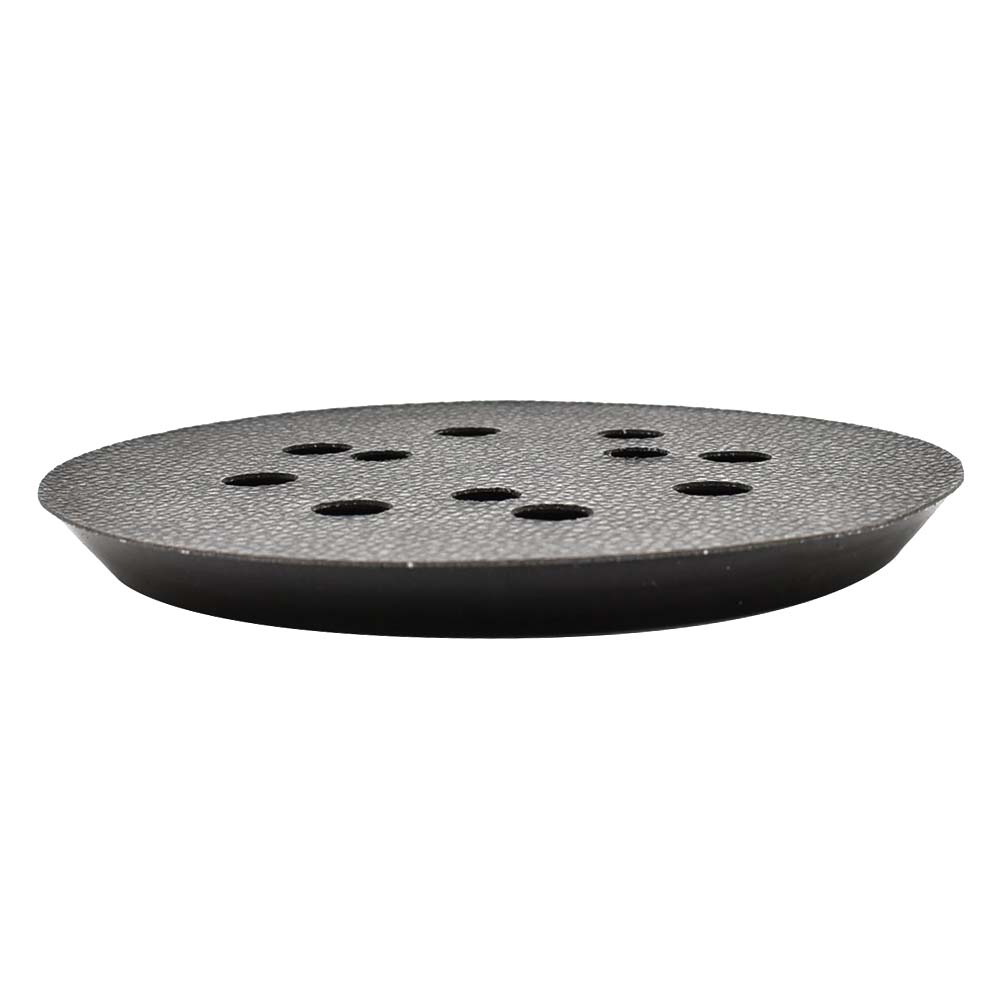 Black sanding disc with multiple holes on a white background