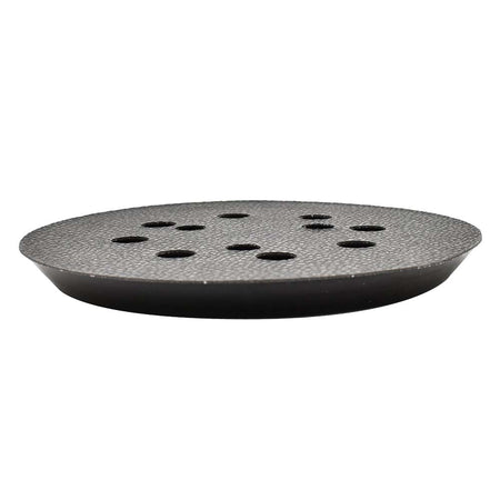 Black sanding disc with multiple holes on a white background