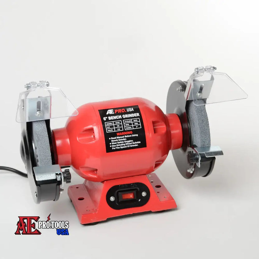 Red bench grinder with AE Pro Tools branding on a white background