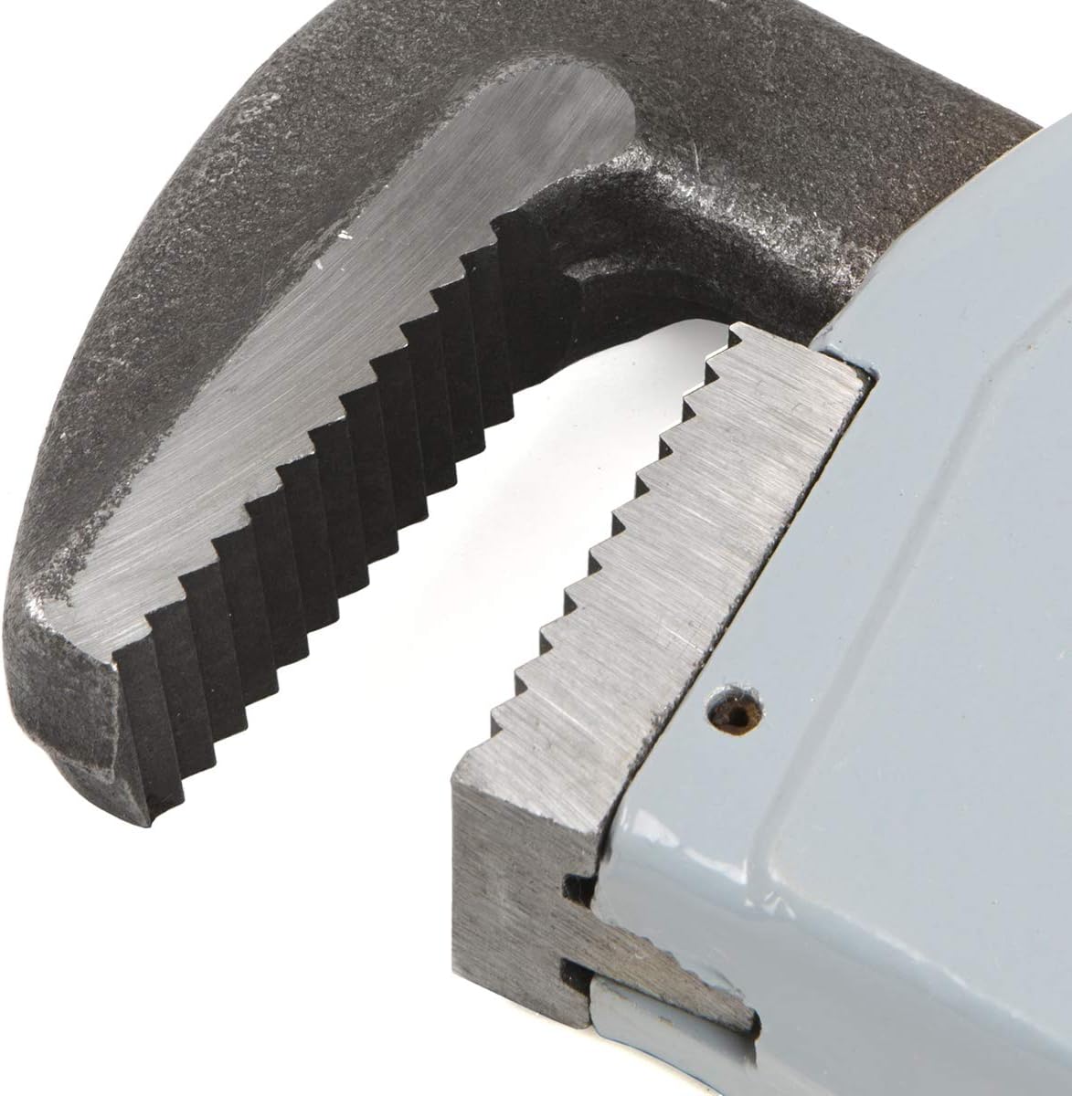 Close-up of a pipe wrench gripping a metal pipe on a white background