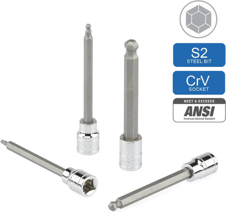 Set of socket tools with S2 Steel Bit, CrV Socket, ANSI certification on a white background