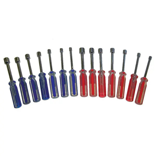 A set of 14 hex driver screwdrivers arranged in a semi-circle on a white background, featuring blue and red translucent handles with silver metal shafts.