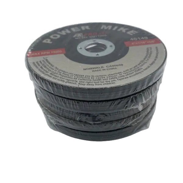 A stack of four Power Mike brand circular abrasive cutting discs in a clear plastic wrap, set against a plain white background.