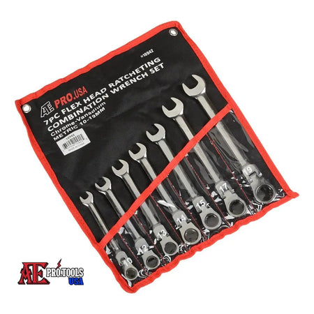 Set of ratcheting wrenches in a red and black case with AE Pro USA branding.