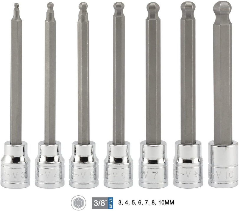 Set of socket drill bits with measurement labels on a white background