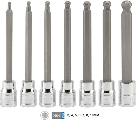 Set of socket drill bits with measurement labels on a white background