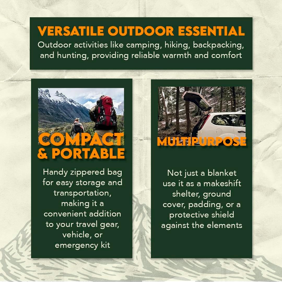 Promotional graphic for a versatile outdoor blanket with text highlighting its features.