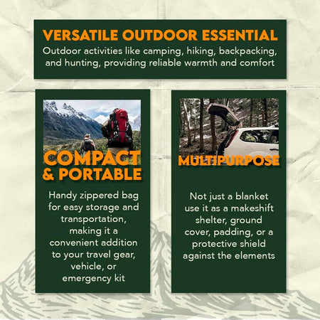 Promotional graphic for a versatile outdoor blanket with text highlighting its features.