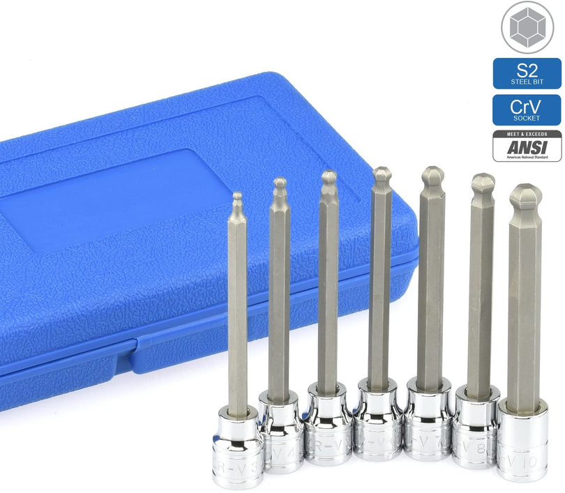 Set of socket bits with a blue case on a white background, featuring ANSI certification.