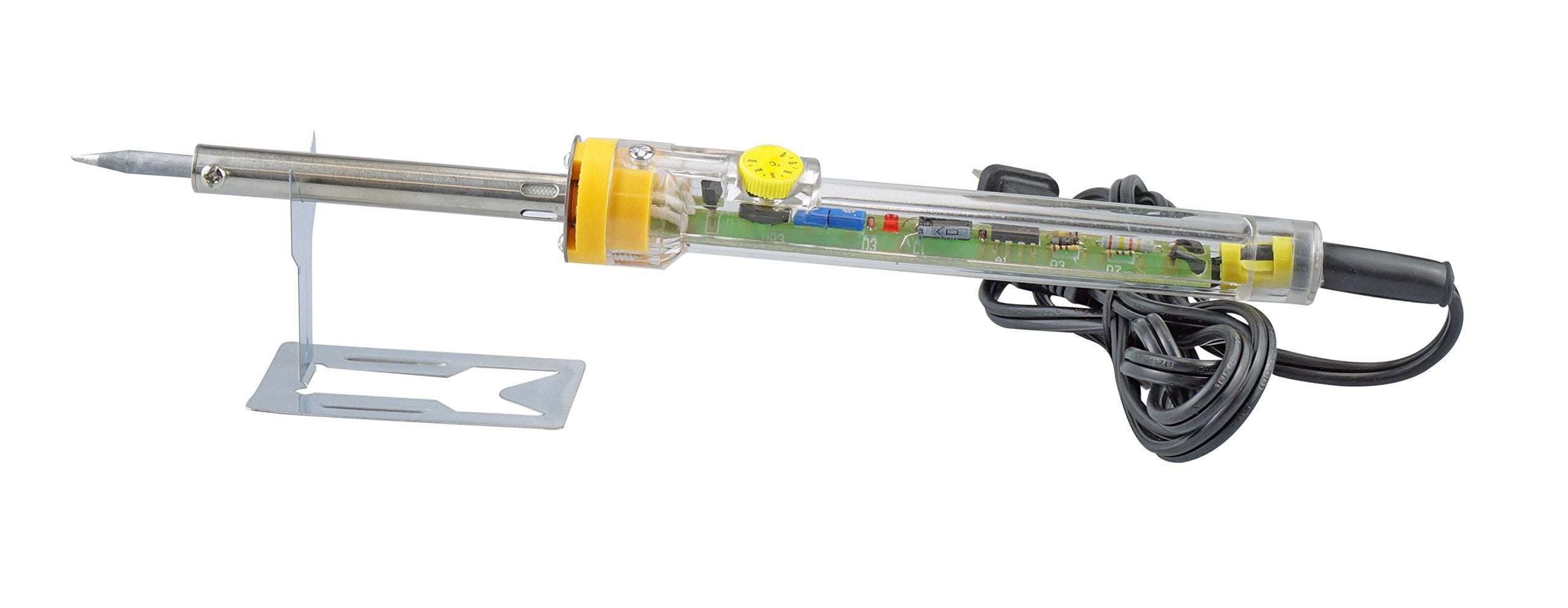 Soldering iron with a clear handle on a white background