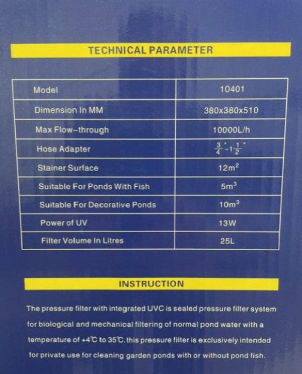 Technical specification and instruction chart for a pond pressure filter, showing model 10401 and dimensions, flow-through capacity, hose adapter size, stainer surface area, suitable pond size, UV power, and filter volume on a dark blue background.