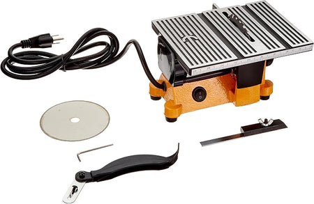 A table saw accessory kit with a portable table saw, a black power cord, a circular blade, a black handle, a metal guide, and a hex key, all displayed on a clean white background.