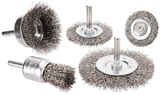 Five metal wire brush wheel attachments shown from different angles on a plain white background, including two angled views and three front-facing views.