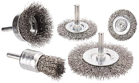 Five metal wire brush wheel attachments shown from different angles on a plain white background, including two angled views and three front-facing views.