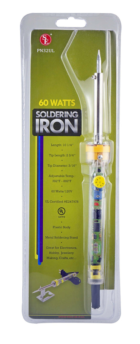 Soldering iron in packaging with specifications on a white background