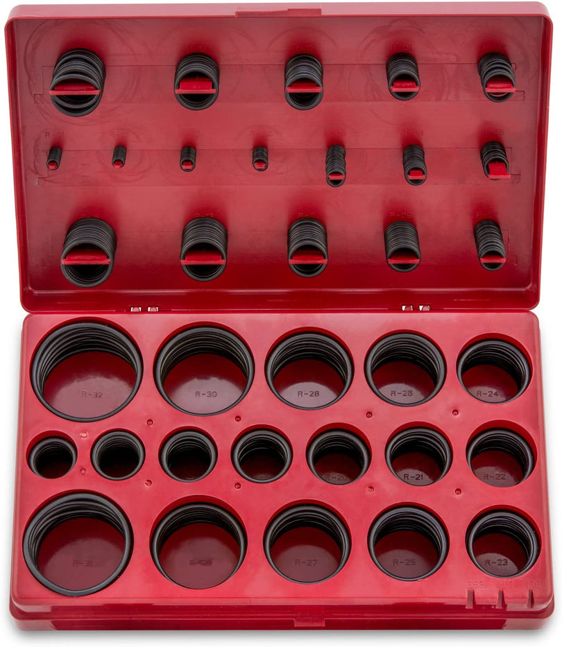 Red tool box with black rubber gaskets inside