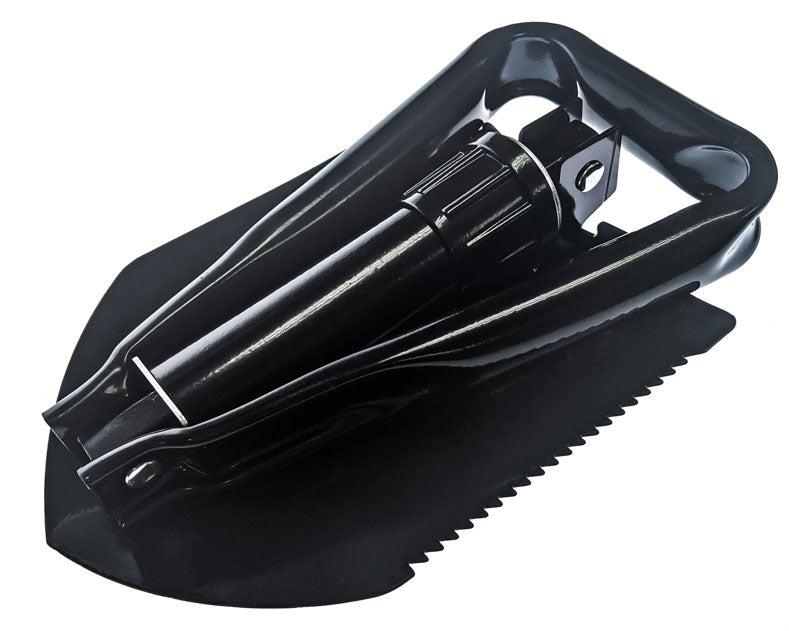 Black snow shovel with metal blade on a white background