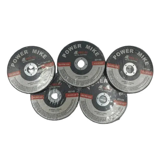 Five Power Mike brand circular saw cut-off wheels arranged on a light gray surface.