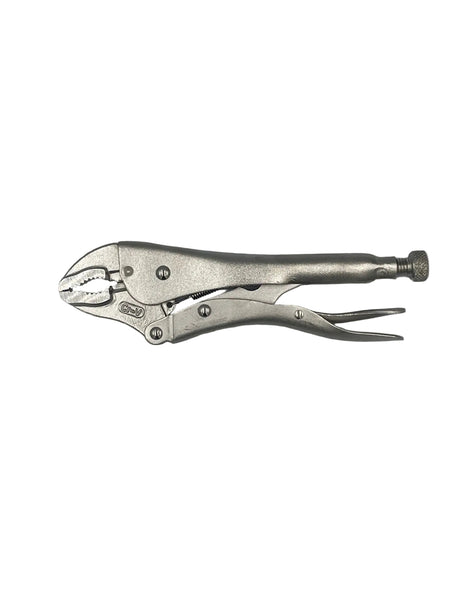 A pair of metal locking pliers with a silver finish, shown open against a plain light gray background.