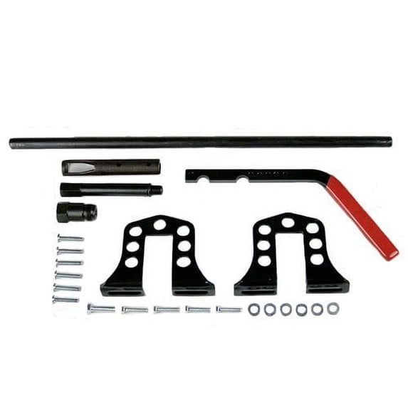 Set of mechanical components including bars, brackets, and screws on a white background
