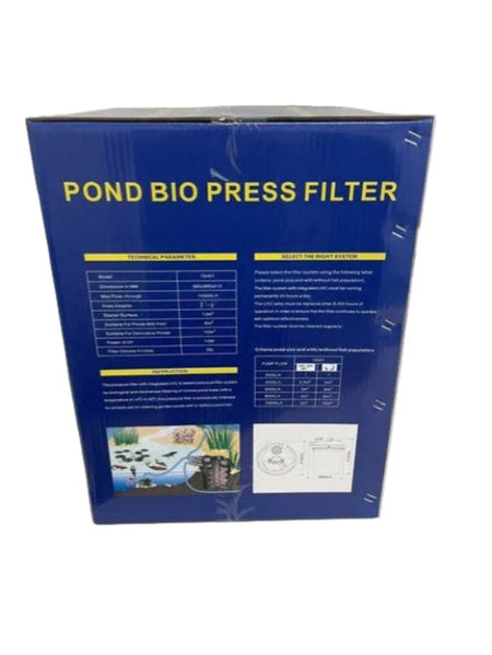 A large blue cardboard box labeled 'POND BIO PRESS FILTER' with yellow text and printed specifications, photographed standing on a white table against a white wall.