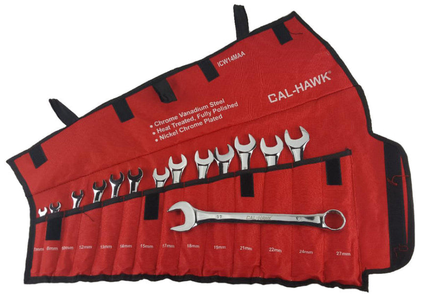 A red and black Cal-Hawk tool roll organizer containing a set of chrome and nickel-plated wrenches, shown on a plain white background.
