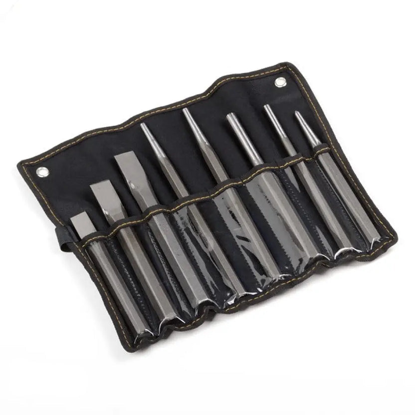 An 8-piece chisel set in a black roll-up canvas case with a clear plastic front, shown on a white background. A small 'AK Electricus' brand logo is visible in the bottom-left corner.