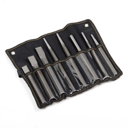 An 8-piece chisel set in a black roll-up canvas case with a clear plastic front, shown on a white background. A small 'AK Electricus' brand logo is visible in the bottom-left corner.
