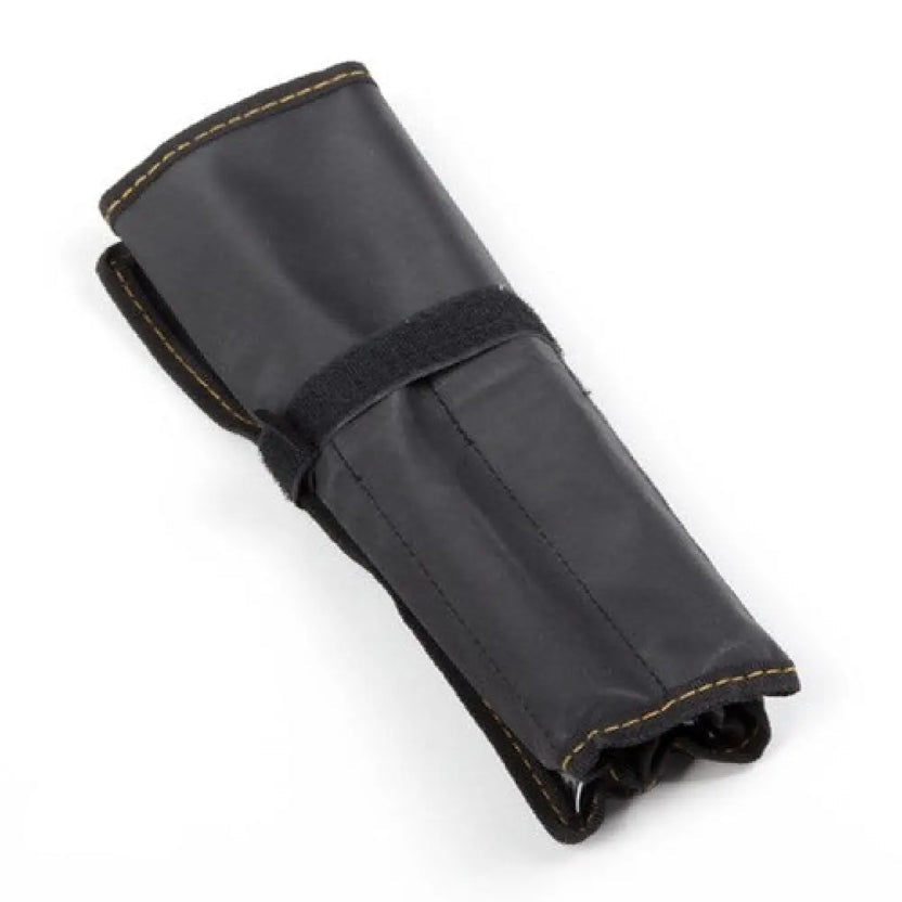 A black leather or faux-leather roll-up strap or pouch with tan contrast stitching and a black velcro strap, shown on a white background. An AK Electronics logo is visible in the bottom-left corner.