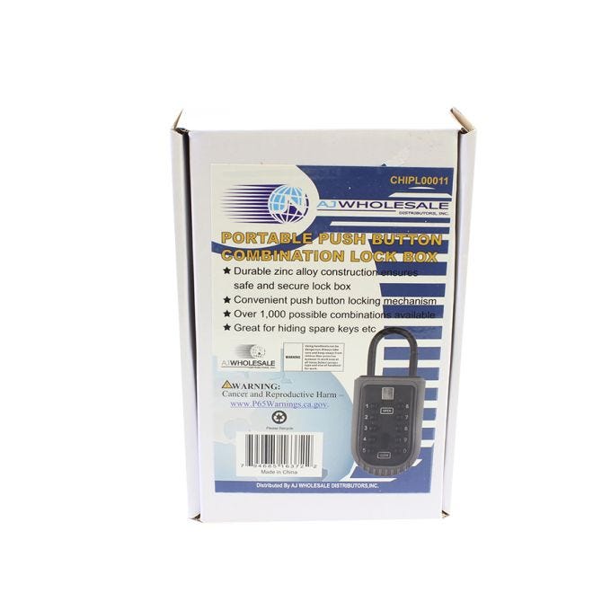 Packaging of a portable push-button combination lock box with branding and product details.