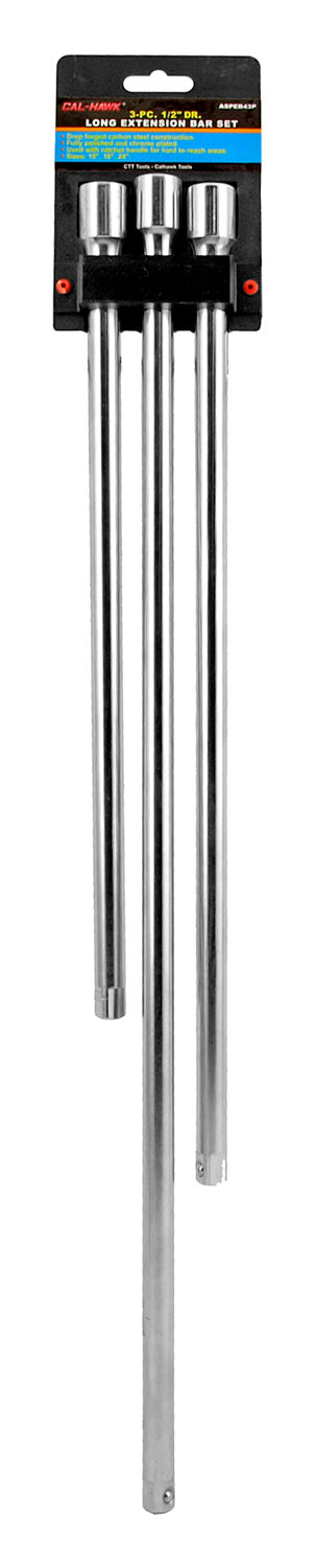 Three silver metal extension bars with black plastic collars, packaged in a black retail header card on a white background.