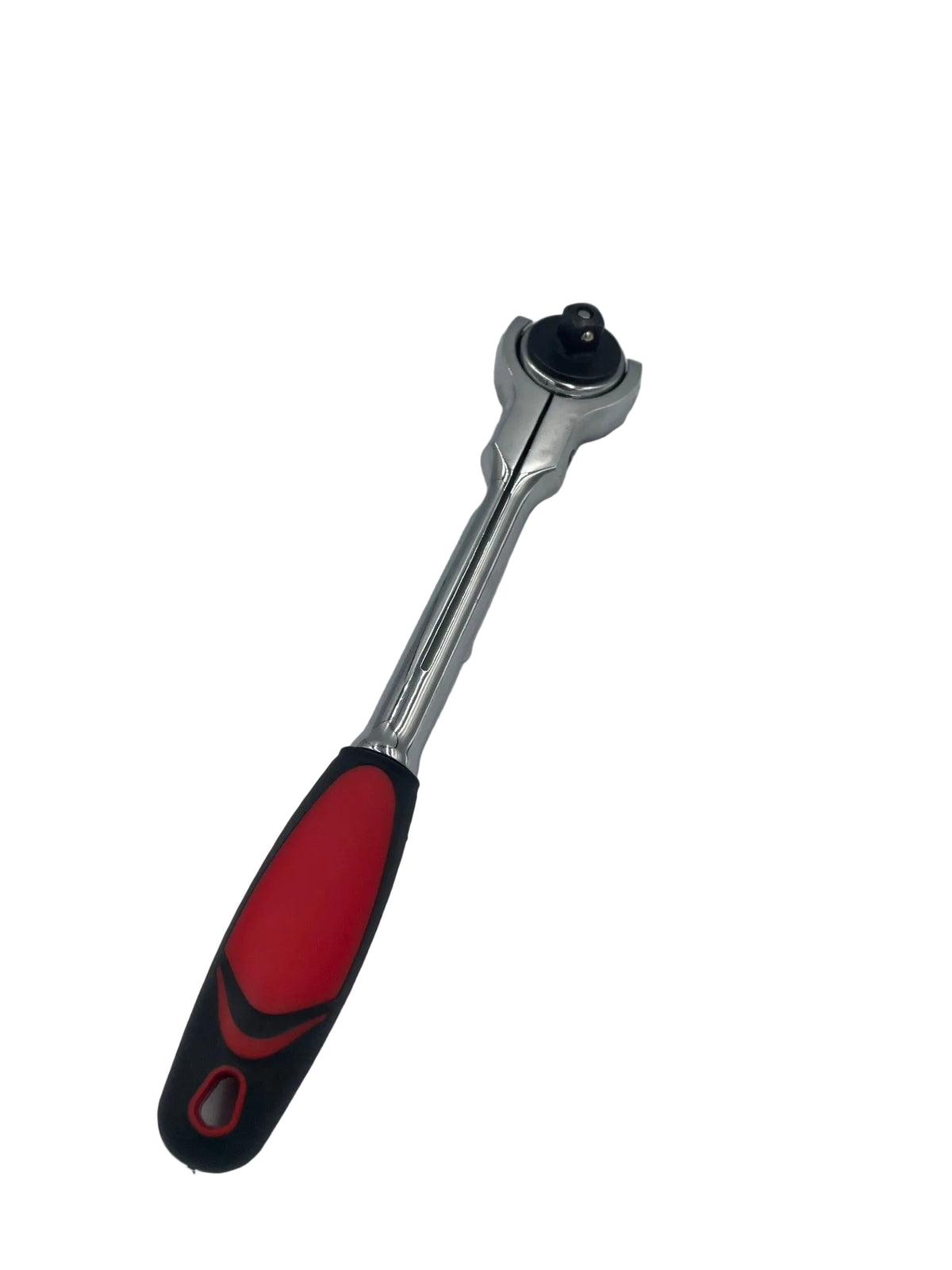 A socket wrench with a red and black textured handle and a silver metal shaft, photographed on a plain light gray background.