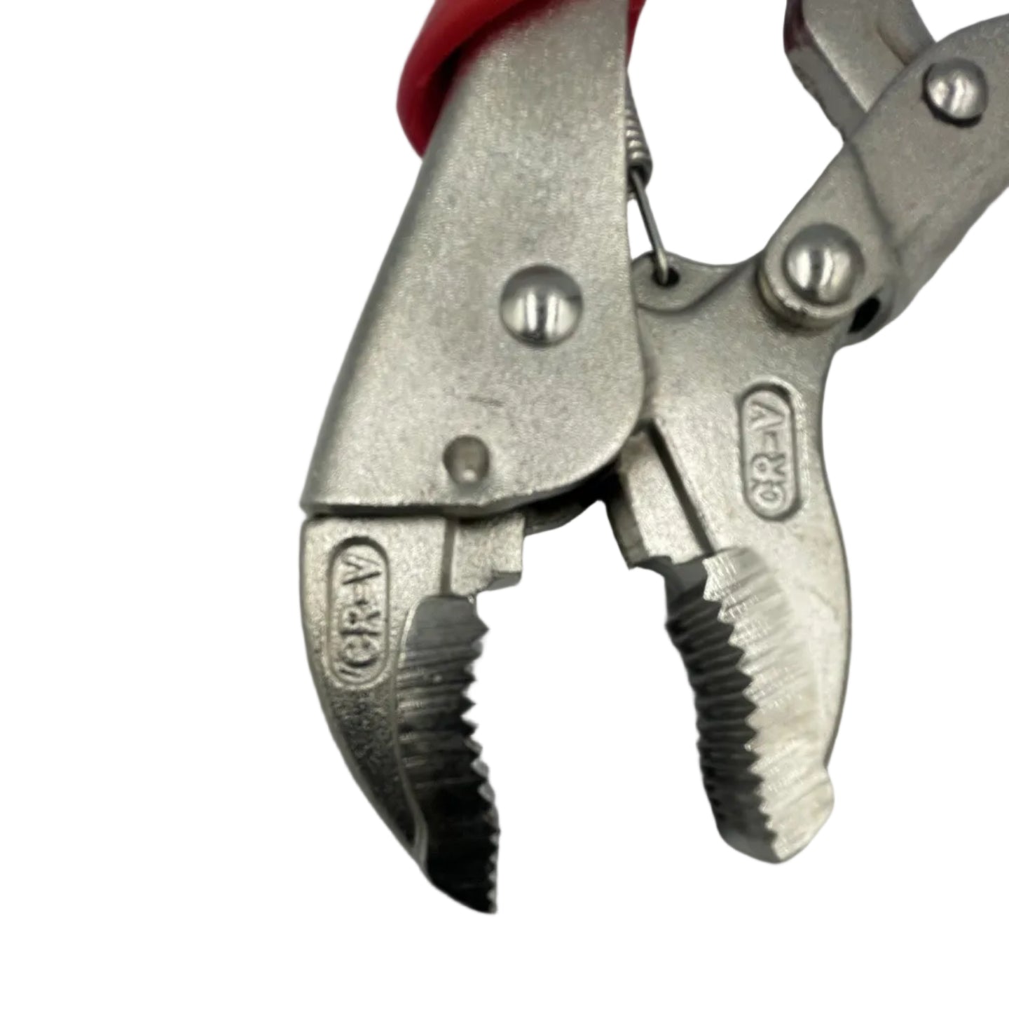 A close-up of a metal locking pliers tool with silver-toned jaws and a red handle grip, photographed against a plain light background.