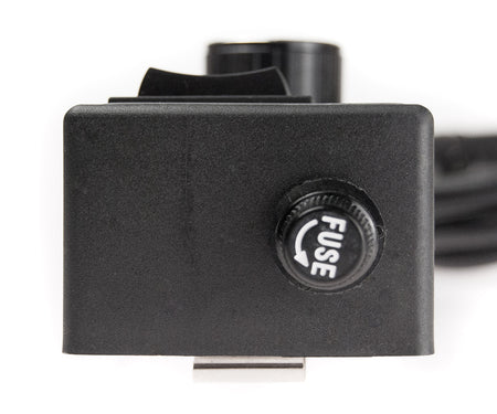 Black fuse holder with 'FUSE' label on a white background
