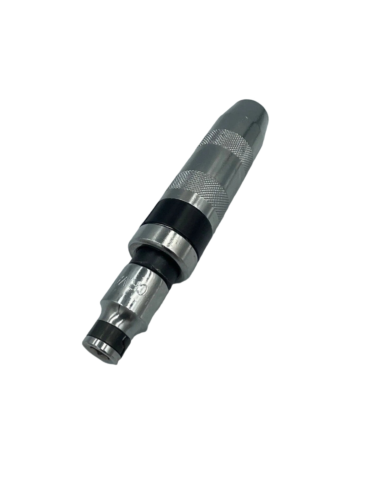 A metallic silver cylindrical tool or hardware component with black rubber O-rings, photographed on a plain light gray background.