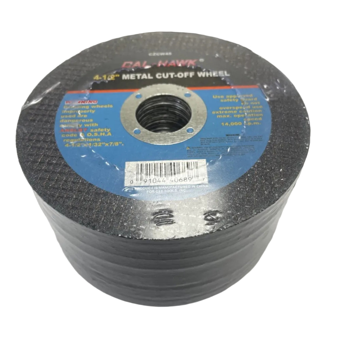 A stack of Pal-Hawk 4-1/2 inch metal cut-off wheels wrapped in protective plastic, showing the blue and red label on the top wheel, photographed on a white sheet of paper.