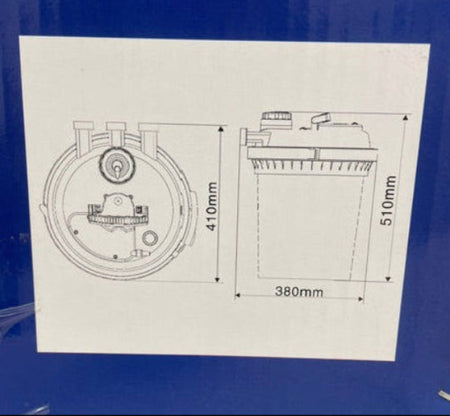 A close-up of a blue product box showing a white insert with black line drawings and dimensions of a round cylindrical component, including measurements 410mm, 510mm, and 380mm.