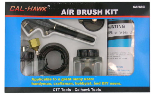 Cal-Hawk air brush kit packaging with tools and paint can on a blue background