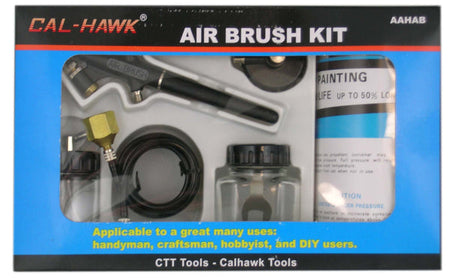 Cal-Hawk air brush kit packaging with tools and paint can on a blue background
