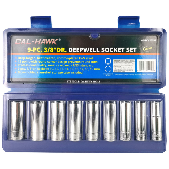 9 PC 3/8" Drive Metric Size Deep Well Socket Tool Set with Case
