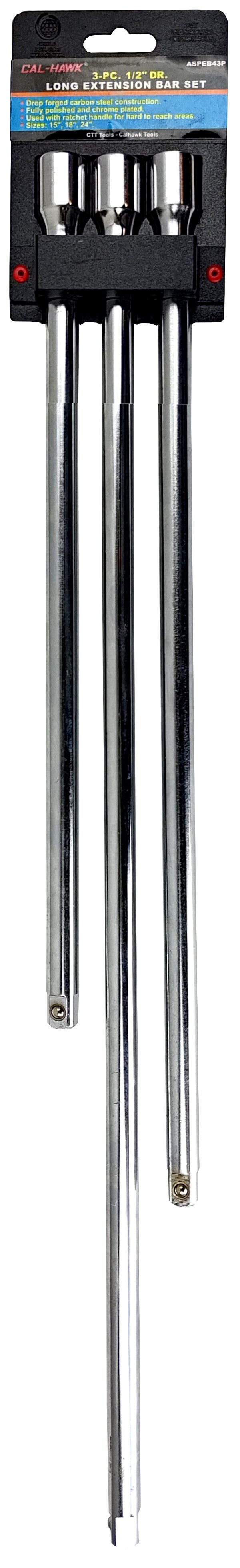 A set of four long chrome extension rods in a black plastic hanging package with a blue and white header card.