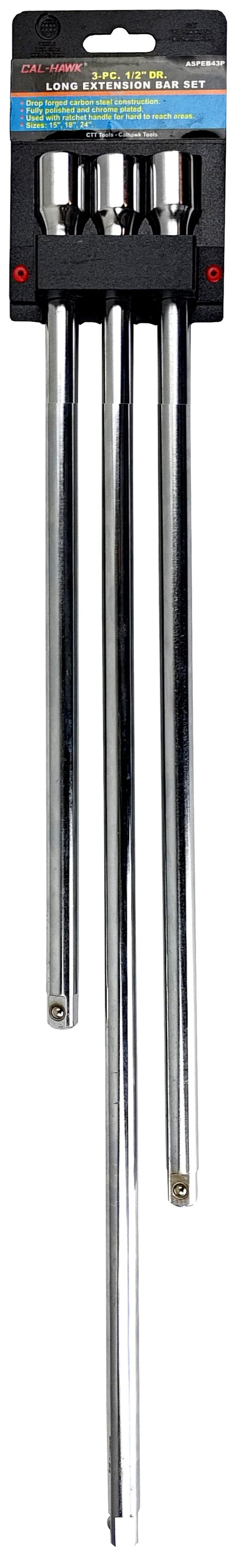 A set of four long chrome extension rods in a black plastic hanging package with a blue and white header card.