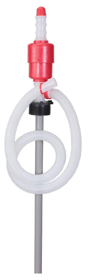 A plastic water pump priming device with a flexible white hose, a red priming cap, and a gray pole, isolated on a white background.
