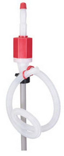 A manual liquid transfer pump with a red and white plastic body, a clear plastic nozzle, and a flexible white hose attached to a metal rod, isolated on a white background.
