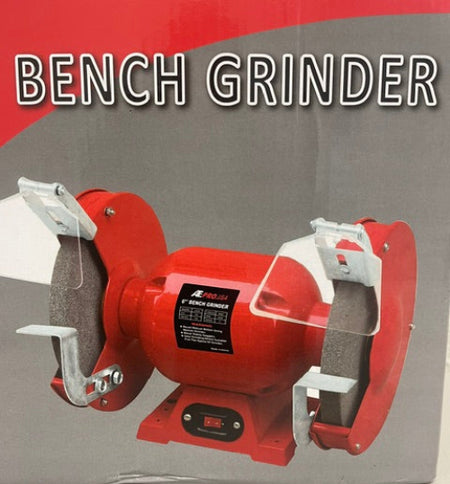 Red bench grinder on a gray background with 'Bench Grinder' text.